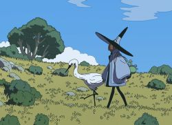 Rule 34 | 1girl, bird, blue sky, bush, cloud, cloudy sky, day, hat, heron, long sleeves, original, outdoors, plant, profile, sky, smile, tree, varguyart, walking, white bird, wide sleeves, witch, witch hat