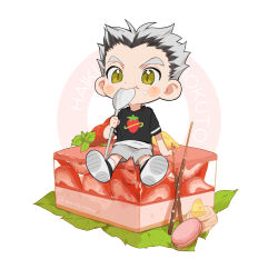 Rule 34 | 1boy, annsmow, black hair, black shirt, bokuto koutarou, cake, dilated pupils, food, food print, fruit, full body, green eyes, grey hair, grey shorts, haikyuu!!, highres, holding, holding spoon, leaf, male focus, minimized, multicolored hair, pocky, shirt, short sleeves, shorts, simple background, socks, solo, spoon, strawberry, strawberry print, strawberry shortcake, three quarter view, two-tone hair, utensil in mouth, white background, white socks