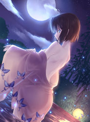 Rule 34 | 1girl, animal print, bare shoulders, blue eyes, breasts, brown hair, bush, butterfly print, closed mouth, cloud, commentary, dutch angle, expressionless, from behind, full moon, gogatsu fukuin, highres, japanese clothes, kara no kyoukai, kimono, lantern, light trail, looking at viewer, looking back, moon, night, night sky, pink kimono, ryougi shiki, short hair, shoulder blades, sky, solo, standing, star (sky), starry sky, tree, undressing, wading, water, wide sleeves
