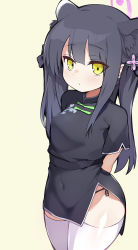 Rule 34 | 1girl, animal ears, arms behind back, black dress, black hair, blue archive, blush, breasts, chinese clothes, covered navel, dress, green eyes, hair ornament, highres, long hair, looking at viewer, shimejinameko, short sleeves, shun (blue archive), shun (small) (blue archive), side slit, sidelocks, small breasts, solo, thighhighs, thighs, tiger ears, two side up, white thighhighs