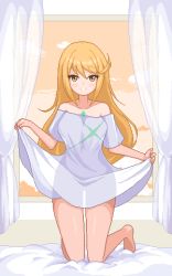 Rule 34 | 1girl, bed, blonde hair, breasts, chest jewel, large breasts, long hair, mythra (xenoblade), pixel art, redforge, shirt, solo, swept bangs, t-shirt, very long hair, wide hips, xenoblade chronicles (series), xenoblade chronicles 2, yellow eyes