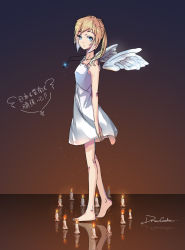 Rule 34 | 1girl, 2011 sendai earthquake and tsunami, angel, barefoot, blonde hair, blue eyes, candle, dc (doughertyevans), highres, jewelry, necklace, original, ponytail, solo, translation request, wings