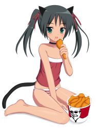 Rule 34 | 1girl, aqua eyes, bad id, bad pixiv id, bare shoulders, barefoot, black hair, borubomu, bucket, collarbone, eating, flat chest, food, francesca lucchini, fried chicken, full body, kfc, open mouth, panties, simple background, sitting, solo, strike witches, striped clothes, striped panties, sunglasses, toes, twintails, underwear, wariza, white background, world witches series