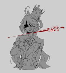 Rule 34 | ahoge, ascot, blood, blood on face, blood splatter, bow, brooch, crying, decapitation, furina (genshin impact), genshin impact, gloves, grey background, hand on own chest, hat, highres, huge ahoge, implied injury, jacket, jewelry, long hair, long sleeves, partially colored, shaded face, simple background, spoilers, streaming tears, tears, top hat, xiu 5