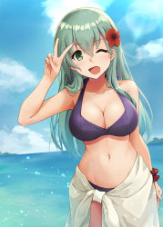 Rule 34 | 1girl, bikini, breasts, cleavage, cloud, collarbone, cowboy shot, day, closed eyes, flower, green eyes, green hair, hair between eyes, hair flower, hair ornament, highres, kantai collection, kodama (mmt uf), large breasts, long hair, looking at viewer, navel, ocean, one eye closed, open mouth, purple bikini, red flower, sarong, smile, solo, suzuya (kancolle), swimsuit, v, white sarong