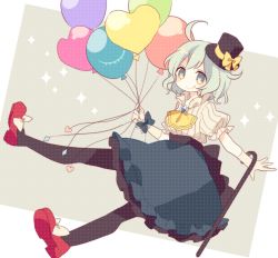 Rule 34 | 1girl, :q, ahoge, alternate costume, bad id, bad pixiv id, balloon, black pantyhose, bow, brooch, cane, daizu (melon-lemon), footwear bow, full body, gloves, green eyes, hat, heart balloon, jewelry, komeiji koishi, looking at viewer, mary janes, mini hat, mini top hat, pantyhose, puffy short sleeves, puffy sleeves, red footwear, shoes, short sleeves, silver hair, simple background, skirt, solo, tongue, tongue out, top hat, touhou, wrist cuffs
