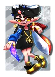 Rule 34 | + +, 1girl, absurdres, altoooooon, artist name, black dress, black hair, blue dress, blue hair, callie (splatoon), chain, character name, commentary, cross-laced footwear, diagonal stripes, dress, earrings, english commentary, english text, fangs, full body, gem, grey background, high tops, highres, hood, hoodie, inkling, jewelry, long hair, looking at viewer, medallion, mole, mole under eye, multicolored clothes, multicolored dress, multicolored hair, necklace, nintendo, nintendo switch, open mouth, outside border, pointy ears, red dress, red hair, ring, shadow, shoes, short dress, signature, smile, sneakers, solo, sparkle, splatoon (series), splatoon 2, standing, striped, striped background, sweater, sweater dress, very long hair, yellow eyes, yellow footwear