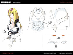 1girl black_gloves black_scarf blonde_hair breasts character_sheet cleavage digimon digimon_story:_cyber_sleuth digimon_story:_cyber_sleuth_-_hacker&#039;s_memory eyewear_on_head gloves high_heels jewelry keyliom kuremi_kyouko large_breasts long_hair looking_at_viewer necklace no_bra print_footwear print_scarf scarf shirt simple_background smile solo sunglasses white_background white_shirt