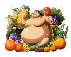 Rule 34 | 2boys, armor, bodskih, eating, fat, fat man, food, fruit, full armor, grin, happy, heracles (one piece), holding, holding food, long nose, male focus, multiple boys, obese, one piece, one piece treasure cruise, shiny skin, shorts, sitting, smile, transparent background, usopp