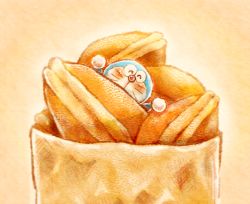 Rule 34 | ^ ^, arms up, bag, blush, closed eyes, covered mouth, doraemon, doraemon (character), dorayaki, food, food focus, happy, in food, kamo kamo, mini person, miniboy, paper bag, robot, solo, traditional media, wagashi