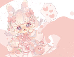 Rule 34 | 1girl, :o, @ @, absurdres, animal bag, animal ears, apron, blush, bow, commentary request, drinking straw, food-themed hair ornament, hair ornament, hand on own cheek, hand on own face, hands up, heart, highres, holding carton, long hair, milk carton, nose blush, open mouth, original, pink apron, pink bow, rabbit bag, rabbit ears, shirt, solo, spoken heart, strawberry hair ornament, thick eyebrows, twintails, upa papa co, white shirt