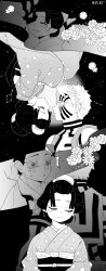 Rule 34 | 1boy, 1girl, absurdres, age progression, akaza (kimetsu no yaiba), artist name, closed eyes, comic, constellation, crying, crying with eyes open, face-to-face, facing another, facing away, facing viewer, flower, greyscale, hair bun, hair pulled back, hakuji (kimetsu no yaiba), hand on another&#039;s head, haori, highres, japanese clothes, jiuyu0, kimetsu no yaiba, kimono, koyuki (kimetsu no yaiba), long sleeves, looking at another, monochrome, nihongami, remembering, shards, short hair, silent comic, single hair bun, spoilers, star (sky), tears, updo, upside-down, wide sleeves