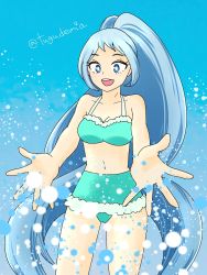 Rule 34 | 1girl, alternate hairstyle, aqua bikini, armpits, artist name, beach, bikini, bikini skirt, blue eyes, blue hair, boku no hero academia, breasts, cleavage, collarbone, day, eyelashes, female focus, hadou nejire, happy, highres, large breasts, legs, light blue hair, long hair, looking at viewer, matching hair/eyes, navel, neck, ocean, official alternate costume, open mouth, outdoors, outstretched arms, ponytail, sidelocks, sky, smile, splashing, standing, summer, swimsuit, thigh gap, thighs, tugudemia, very long hair, wide ponytail