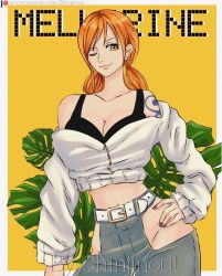Rule 34 | 1girl, alternate hairstyle, artist name, bare shoulders, breasts, cleavage, commentary, denim, earrings, english commentary, english text, eyelashes, happy, jeans, jewelry, lady shin, large breasts, long hair, looking at viewer, midriff, nami (one piece), navel, one eye closed, one piece, orange eyes, orange hair, pants, patreon logo, patreon username, sketch, smile, solo, standing, tattoo