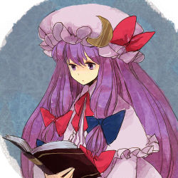 Rule 34 | 1girl, bad id, bad pixiv id, blue ribbon, book, bow, capelet, crescent, female focus, hair bow, hat, l hakase, long hair, lowres, mob cap, open book, patchouli knowledge, purple eyes, purple hair, reading, red ribbon, ribbon, solo, touhou, two side up
