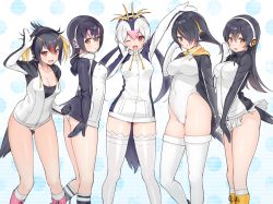 Rule 34 | 10s, 5girls, :d, ;d, black hair, blonde hair, blush, boots, breasts, brown eyes, cleavage, covered navel, emperor penguin (kemono friends), gentoo penguin (kemono friends), hair between eyes, hair over one eye, headphones, highleg, highleg leotard, hood, hoodie, humboldt penguin (kemono friends), jacket, kemono friends, large breasts, legs, leotard, long hair, long sleeves, looking at viewer, miniskirt, multicolored hair, multiple girls, one eye closed, open mouth, penguin tail, penguins performance project (kemono friends), pink hair, pleated skirt, red eyes, red hair, rockhopper penguin (kemono friends), royal penguin (kemono friends), short hair, skirt, smile, tail, thighhighs, tokki, twintails, white hair, white legwear, white leotard, white skirt, wind, wind lift, zettai ryouiki