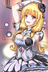 Rule 34 | 1girl, blonde hair, blunt bangs, blush, breasts, cleavage, cleavage cutout, clothing cutout, corset, dated, dress, frilled dress, frills, gloves, hat, hat ribbon, highres, holding, holding microphone, large breasts, long hair, low-tied long hair, microphone, mini hat, mini top hat, open mouth, pingpingping, portland (warship girls r), reaching, reaching towards viewer, red eyes, ribbon, short sleeves, solo, top hat, warship girls r