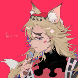 Rule 34 | 1boy, absurdres, animal ear fluff, animal ears, bishounen, black shirt, blonde hair, blood, blood on face, blood on hands, blouse, blue nails, chinese commentary, closed mouth, commentary request, douma (kimetsu no yaiba), fingernails, fox ears, fox tail, highres, kimetsu no yaiba, long fingernails, long hair, male focus, multicolored eyes, nail polish, pink eyes, red background, shirt, signature, simple background, solo, symbol in eye, tail, taowu (20809), turtleneck, upper body