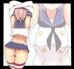 Rule 34 | 1girl, aoba (kancolle), arms up, ass, black neckerchief, black panties, blue skirt, breasts, cosplay, crop top, elbow gloves, gloves, highleg, highleg panties, kantai collection, katsuten, large breasts, microskirt, neckerchief, panties, pink hair, pleated skirt, ponytail, sailor collar, shimakaze (kancolle), shimakaze (kancolle) (cosplay), short hair, short ponytail, skirt, striped clothes, striped thighhighs, thighhighs, thong, underwear, white gloves