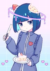 Rule 34 | 1girl, blue background, blue eyes, blue hair, blunt bangs, blush, bob cut, cake, cake slice, chibikki, closed mouth, colored inner hair, commentary, everything is cake (meme), food, food-themed hair ornament, fruit, gradient background, hair ornament, halo, hand up, heart, highres, holding, holding knife, holding plate, jacket, knife, long sleeves, looking at viewer, meme, multicolored hair, original, pink background, pink halo, plate, short hair, sleeves past wrists, solo, strawberry, strawberry hair ornament, track jacket