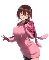Rule 34 | 1girl, absurdres, android, black-framed eyewear, breasts, brown hair, camouflage, commentary request, glasses, gradient hair, hair between eyes, highres, hololive, hood, hoodie, large breasts, looking at viewer, mechanical arms, mozuku (honida1215), multicolored hair, no pants, open mouth, roboco-san, roboco-san (hoodie), short hair, smile, solo, sweater, virtual youtuber, yellow eyes