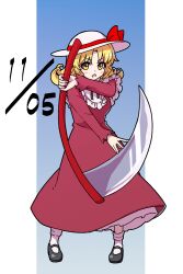 Rule 34 | 1girl, black footwear, blue background, commentary request, dated, dress, elly (touhou), full body, gradient background, hat, hat ribbon, holding, holding scythe, itani illust, looking at viewer, open mouth, red dress, ribbon, scythe, socks, solo, standing, touhou, touhou (pc-98), white hat, white socks, yellow eyes
