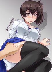Rule 34 | 1girl, 1other, akito (sub707), black thighhighs, blue hakama, brown eyes, brown hair, commentary request, gradient background, grey background, hakama, hakama short skirt, hakama skirt, hand under clothes, hand under skirt, highres, japanese clothes, kaga (kancolle), kantai collection, long hair, looking at viewer, lying, on side, one-hour drawing challenge, panties, pleated skirt, side ponytail, skirt, tasuki, thighhighs, twitter username, underwear, white panties