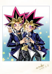 Rule 34 | 2019, 2boys, ;d, belt, belt buckle, black belt, black pants, black shirt, blue jacket, buckle, chain, dated, dyed bangs, hand on another&#039;s hip, jacket, long hair, looking at viewer, male focus, millennium puzzle, multicolored hair, multiple boys, muto yugi, one eye closed, open clothes, open jacket, open mouth, pants, pink eyes, shirt, signature, smile, spiked hair, star (symbol), sweatdrop, v, wube, yami yugi, yu-gi-oh!