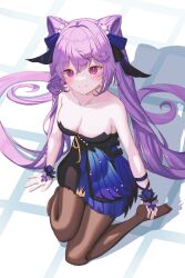 Rule 34 | 1girl, absurdres, bare arms, bare shoulders, black dress, breasts, brown pantyhose, cleavage, cone hair bun, dress, genshin impact, hair between eyes, hair bun, hair ribbon, highres, keqing (genshin impact), large breasts, long hair, looking at viewer, pantyhose, purple eyes, purple hair, reosroom, ribbon, seiza, shadow, sitting, smile, solo, strapless, strapless dress, thighs, twintails, very long hair