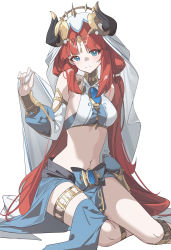 Rule 34 | 1girl, absurdres, bare shoulders, blue eyes, blush, bow, breasts, brooch, commentary, crop top, detached sleeves, feet out of frame, forehead jewel, genshin impact, green bow, hair ornament, hand up, harem outfit, highres, horns, jewelry, long hair, long sleeves, looking at viewer, medium breasts, midriff, navel, nilou (genshin impact), qtian, red hair, sitting, skirt, smile, solo, stomach, thighlet, thighs, twintails, veil, yokozuwari