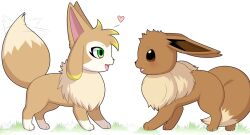 Rule 34 | animal focus, blush, brown eyes, creatures (company), eevee, game freak, gen 1 pokemon, grass, green eyes, heart, nintendo, no humans, open mouth, pal (creature), palworld, pokemon, pokemon (creature), simple background, tail, tail wagging, vixy (palworld), white background