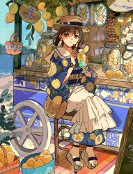 Rule 34 | 1girl, anchor symbol, bag, beach, blue kimono, bottle, branch, brown eyes, brown hair, buchi (qooo003), chili pepper, cup, day, drinking glass, drinking straw, earrings, food, food-themed earrings, food stand, food themed earrings, fruit, fruit basket, full body, garlic, hat, highres, holding, holding cup, ice cream, ice cream float, japanese clothes, jar, jewelry, kimono, lemon, lemon earrings, lemon print, lemon slice, looking at viewer, medium hair, menu board, ocean, original, overskirt, platform footwear, print kimono, sailor collar, sandals, shoulder bag, sitting, skirt, smile, solo, stool, straw hat, watch, white skirt, wristwatch