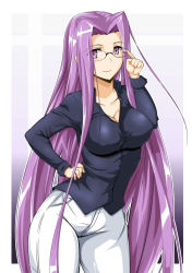 Rule 34 | 1girl, absurdres, breasts, casual, cleavage, denim, fate/stay night, fate (series), glasses, hand on own hip, highres, jeans, large breasts, long hair, looking at viewer, medusa (fate), medusa (rider) (fate), mature female, pants, purple eyes, purple hair, sangyou haikibutsu a, shirt, smile, solo, standing, very long hair