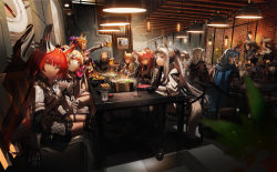 Rule 34 | 2boys, 6+girls, :d, absurdres, alcohol, animal ears, arknights, armor, ashlock (arknights), aunt and niece, beer mug, bena (arknights), black footwear, black gloves, black ribbon, black robe, black shirt, black skirt, blemishine (arknights), blonde hair, blue eyes, blue jacket, blue nails, blue shirt, booth seating, boots, bowl, breastplate, brick wall, brown eyes, brown hair, cape, ceiling light, coat, crossed legs, cup, curled horns, demon horns, drinking, ear covers, ear tag, everyone, extra ears, closed eyes, facing away, flametail (arknights), flower, food, frying pan, gaanc 23 (tomosuge), gauntlets, glass, gloves, gravel (arknights), gravel (modeling night) (arknights), hair between eyes, hair ornament, hairclip, hand up, hanging light, hat, heart, heart in mouth, highres, holding, holding cup, holding saucer, holding utensil, hood, hood down, hooded robe, horn ornament, horn ribbon, horns, horns through headwear, horse ears, horse girl, horse tail, hotpot, indoors, jacket, knee pads, light bulb, long hair, looking at viewer, midriff, mlynar (arknights), mouse ears, mug, multiple boys, multiple girls, nail polish, nearl (arknights), nearl the radiant knight (arknights), official alternate costume, open mouth, own hands together, partially fingerless gloves, pauldrons, pink gloves, pink hair, plant, platinum (arknights), pleated skirt, pointy ears, ponytail, potted plant, purple cape, record, red flower, red hair, restaurant, ribbon, robe, roy (arknights), saucer, shining (arknights), shirt, short hair, short hair with long locks, short sleeves, shoulder armor, siblings, sideways glance, sideways mouth, sisters, sitting, skirt, smile, squirrel ears, squirrel girl, squirrel tail, sweatdrop, t-shirt, table, tail, teeth, thigh boots, thigh strap, two-tone gloves, uncle and niece, upper teeth only, utensil in mouth, v, whislash (arknights), whislash (glory purple) (arknights), white coat, white headwear, white shirt, wild mane (arknights), window, yellow eyes