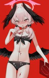 Rule 34 | 1girl, absurdres, bikini, black bikini, black wings, bleeding, blood, blood on chest, blue archive, blush, feathered wings, flat chest, front-tie top, halo, head wings, highres, k hottok, koharu (blue archive), koharu (swimsuit) (blue archive), long hair, looking down, low twintails, low wings, navel, nosebleed, official alternate costume, pink eyes, pink hair, pink halo, red background, simple background, solo, swimsuit, twintails, wings