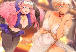 Rule 34 | 2girls, alternate breast size, alternate costume, black gloves, blonde hair, blue eyes, blush, breasts, cammy white, choker, collarbone, commentary, covered navel, curvy, dress, eyewear on head, facial scar, feather boa, feathers, gloves, koda1ra, large breasts, leggings, manon legrand, medal, multiple girls, nivel, official alternate costume, pink feathers, pink hair, scar, scar on cheek, scar on face, short hair, short hair with long locks, shy, sidelocks, stomach, street fighter, street fighter 6, thick thighs, thighs, white dress