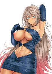 Rule 34 | 1girl, abs, absurdres, areola slip, arm behind head, arm up, armpits, bare shoulders, blue dress, blue eyes, blue gloves, breasts, center opening, clothes pull, collarbone, dark-skinned female, dark skin, deroo, dress, dress pull, elbow gloves, fate/grand order, fate (series), gloves, gradient hair, grey hair, highres, large breasts, long hair, looking at viewer, multicolored hair, muscular, muscular female, navel, nipples, o-ring, one breast out, pink hair, short dress, solo, thighs, underboob, very long hair, white background, zenobia (fate)