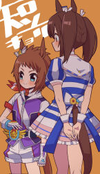 Rule 34 | 2girls, animal ears, biko pegasus (umamusume), blue eyes, blush, brown hair, clothing cutout, commentary, dress, ear ornament, from behind, highres, hishi akebono (umamusume), horse ears, horse girl, horse tail, kudach i, long hair, looking to the side, multiple girls, orange background, puffy short sleeves, puffy sleeves, short hair, short sleeves, simple background, striped clothes, striped dress, tail, tail through clothes, twintails, two-tone dress, umamusume