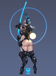 Rule 34 | 1girl, absurdres, ass, blue eyes, breasts, elbow gloves, gloves, glowing, headphones, high heels, highres, holding, holding sword, holding weapon, large breasts, leg armor, leotard, low ponytail, mecha musume, mechanical arms, mechanical ears, mechanical parts, neon trim, original, rabbit, science fiction, sideboob, silver hair, solo, standing, stiletto heels, sword, thighs, thong, thong leotard, weapon, wei (kaminari0411)