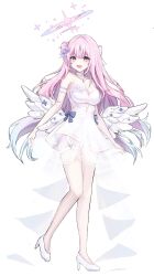 Rule 34 | 1girl, absurdres, angel wings, blue archive, blush, breasts, choker, cleavage, collarbone, dress, flower, hair bun, hair flower, hair ornament, halo, high heels, highres, large breasts, long hair, mika (blue archive), open mouth, panties, pink hair, pink halo, purple flower, see-through, see-through dress, single side bun, smile, solo, strapless, strapless dress, transparent background, underwear, white choker, white dress, white footwear, white panties, white wings, wings, yellow eyes, yum draw