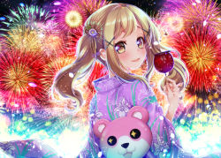 Rule 34 | + +, 1girl, :3, :d, bang dream!, blonde hair, blush, candy apple, commentary request, festival, fireworks, floral print, flower, food, hair flower, hair ornament, holding, holding food, ichigaya arisa, japanese clothes, kimono, looking at viewer, looking back, michelle (bang dream!), open mouth, purple kimono, sidelocks, smile, solo, tsurugi hikaru, twintails, x hair ornament, yellow eyes