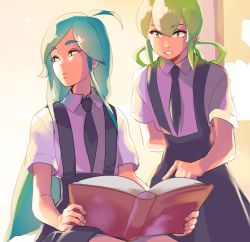 Rule 34 | 2others, alexandrite (houseki no kuni), azuumori, black neckwear, black skirt, blue eyes, blue hair, book, closed mouth, collared shirt, commentary, english commentary, green eyes, green hair, holding, holding book, houseki no kuni, jade (houseki no kuni), long skirt, matching hair/eyes, multiple others, necktie, open book, other focus, pointing, purple shirt, shirt, sitting, skirt, smile, suspender skirt, suspenders, wing collar
