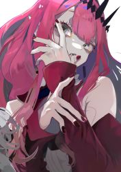 Rule 34 | 1girl, bad id, bad twitter id, baobhan sith (fate), baobhan sith (first ascension) (fate), bare shoulders, breasts, center frills, detached collar, detached sleeves, dress, fangs, fate/grand order, fate (series), frills, grey eyes, highres, iris (tb33064667), large breasts, long hair, looking at viewer, nail polish, open mouth, pink hair, pointy ears, red dress, sidelocks, solo, tiara