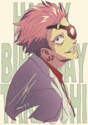 Rule 34 | 1boy, dated, earrings, eyepatch, grin, happy birthday, highres, jewelry, lab coat, looking at viewer, looking back, makoto1009, male focus, mars red, pink hair, portrait, red eyes, red shirt, shirt, short hair, signature, smile, takeuchi (mars red), vampire
