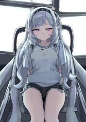Rule 34 | 1girl, alternate costume, black hairband, black shorts, blue archive, breasts, chair, corrupted twitter file, flower, grey hair, hair flower, hair ornament, hair tubes, hairband, halo, highres, himari (blue archive), long hair, looking at viewer, mole, mole under eye, monitor, powered wheelchair, purple eyes, shirt, short shorts, short sleeves, shorts, sitting, small breasts, solo, syhan, very long hair, wheelchair, white flower, white shirt