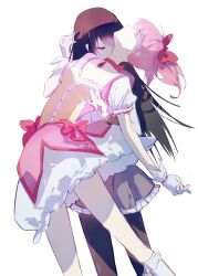 2girls absurdres akemi_homura akemi_homura_(magical_girl) argyle_clothes argyle_pantyhose black_hair black_pantyhose bow bow_choker bubble_skirt buttons center_frills chest_jewel chinese_commentary choker closed_eyes commentary_request dress ellipsislve eyelashes feet_out_of_frame frilled_dress frilled_skirt frilled_sleeves frilled_socks frills gloves hair_bow half-closed_eyes hand_on_another&#039;s_head head_kiss highres kaname_madoka kaname_madoka_(magical_girl) kiss kissing_neck kneehighs long_hair magical_girl mahou_shoujo_madoka_magica mahou_shoujo_madoka_magica_(anime) miniskirt multiple_girls pantyhose pink_dress pink_gemstone pink_hair pleated_skirt puffy_short_sleeves puffy_sleeves purple_eyes purple_skirt red_bow red_choker short_dress short_hair short_sleeves short_twintails simple_background skirt skirt_under_dress socks straight_hair twintails very_long_hair waist_bow white_background white_dress white_gloves white_skirt white_sleeves white_socks yuri