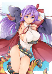Rule 34 | 10s, 1girl, armpits, bb (fate), bb (fate) (all), bb (swimsuit mooncancer) (fate), bb (swimsuit mooncancer) (third ascension) (fate), black coat, blue background, bow, breasts, closed mouth, coat, cowboy shot, fate/extra, fate/extra ccc, fate/grand order, fate (series), gradient background, hair bow, halterneck, highres, large breasts, leotard, long hair, looking at viewer, multicolored coat, one-piece swimsuit, outside border, popped collar, purple eyes, purple hair, red bow, sezok, shiny skin, sideboob, smile, solo, standing, swimsuit, tentacles, thigh gap, thighs, white leotard, white one-piece swimsuit