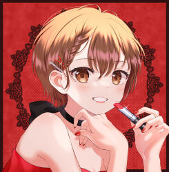 Rule 34 | 1girl, absurdres, applying makeup, braid, braided bangs, breasts, brown eyes, brown hair, choker, cleavage, cosmetics, grin, hair ornament, hairclip, highres, holding, holding lipstick tube, lipstick, lipstick tube, looking at viewer, makeup, meiko (vocaloid), nail polish, pearl hair ornament, red background, ribbon choker, rooibos, short hair, small breasts, smile, solo, sparkle, strapless, upper body, vocaloid, x hair ornament