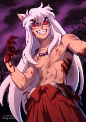 Rule 34 | 1boy, animal ears, artist name, blood, blood on hands, colored sclera, dated, dog ears, facial mark, fangs, fingernails, grin, hakama, injury, inuyasha, inuyasha (character), japanese clothes, jewelry, long hair, male focus, marycrispies, necklace, purple sky, red sclera, sharp fingernails, sky, smile, topless male, tree, very long hair, white hair, yellow eyes