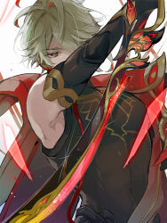Rule 34 | 1boy, 810clppo, ahoge, alhaitham (genshin impact), black shirt, bridal gauntlets, cape, covered mouth, genshin impact, grey hair, hair over one eye, holding, holding sword, holding weapon, male focus, multicolored hair, one eye covered, red cape, red eyes, red hair, shirt, short hair, sleeveless, sleeveless shirt, solo, sword, weapon